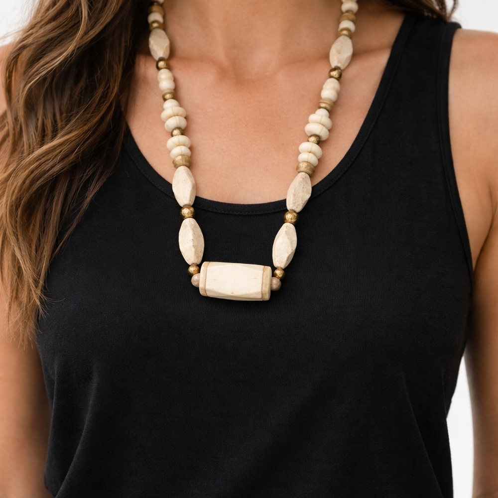 Vintage 1980s Handmade Chunky Bone Stone Brass Necklace | Artisan Statement